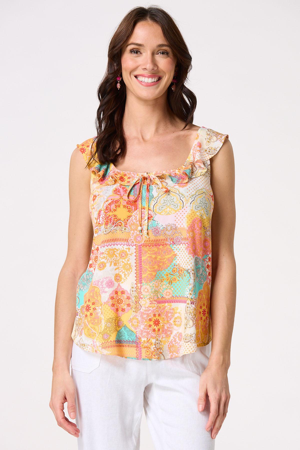 Ruffled Paisley Square Neck Tank