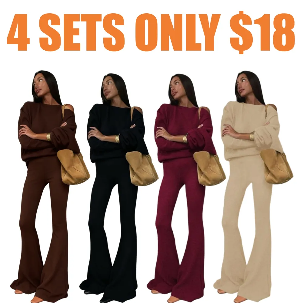 Women's Solid Asymmetrical Neck Top & Flare Leg Pants Set