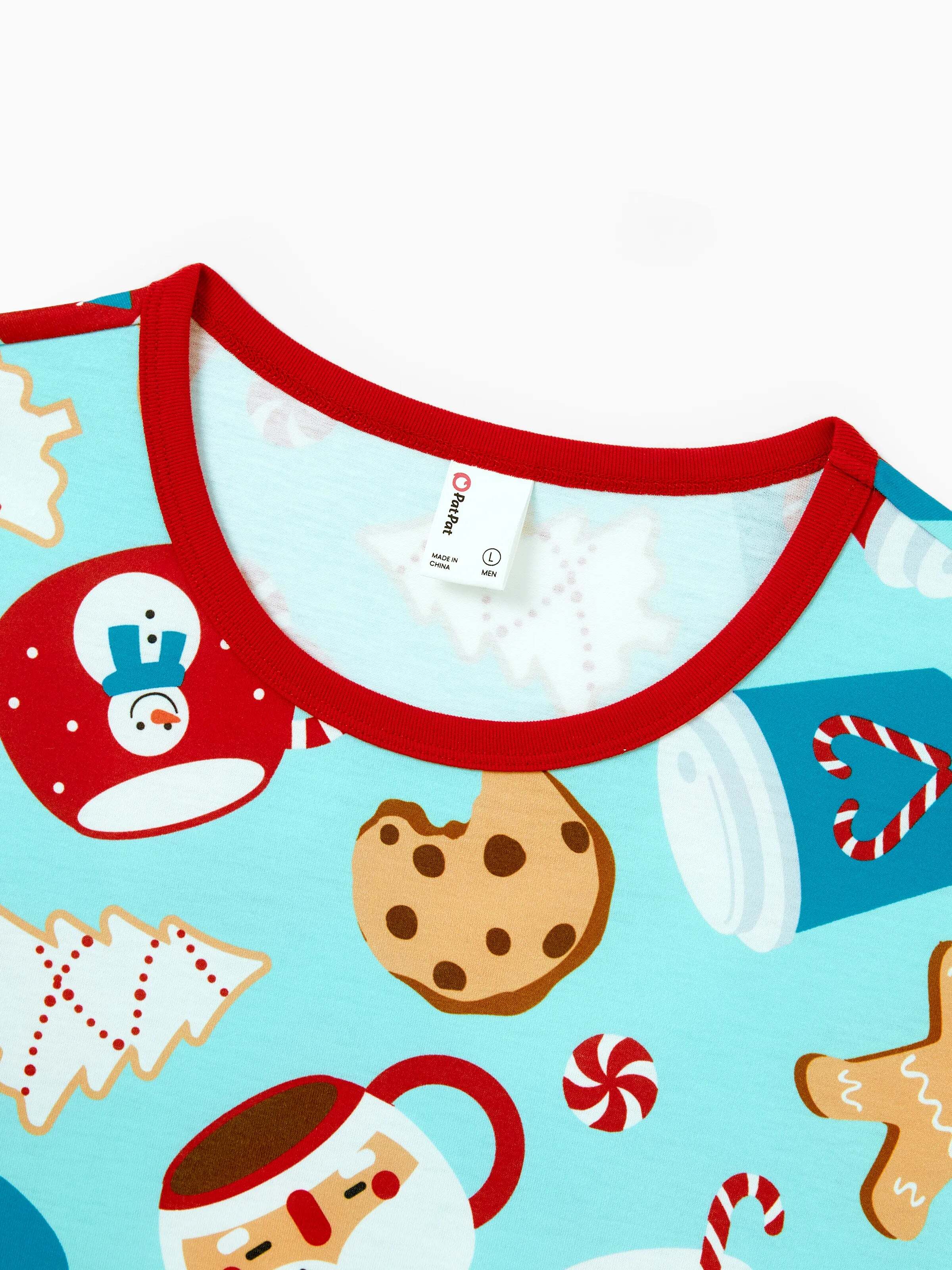 Christmas Matching Family Pajamas Set Gingerbread Print Blue and Red PJS with Christmas Socks Light Blue