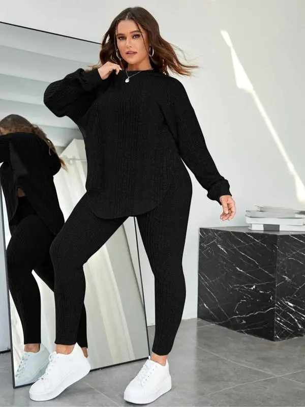 [Plus Size] Plain Split Curved Hem Hoodie & Leggings Lounge Two-piece Set