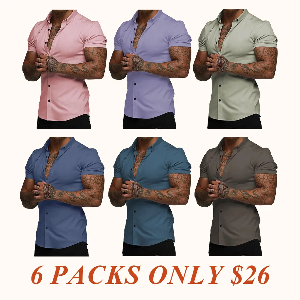 Mens Muscle Fit Dress Shirts Casual Button Down Shirt Short Sleeve Wrinkle-Free Shirts