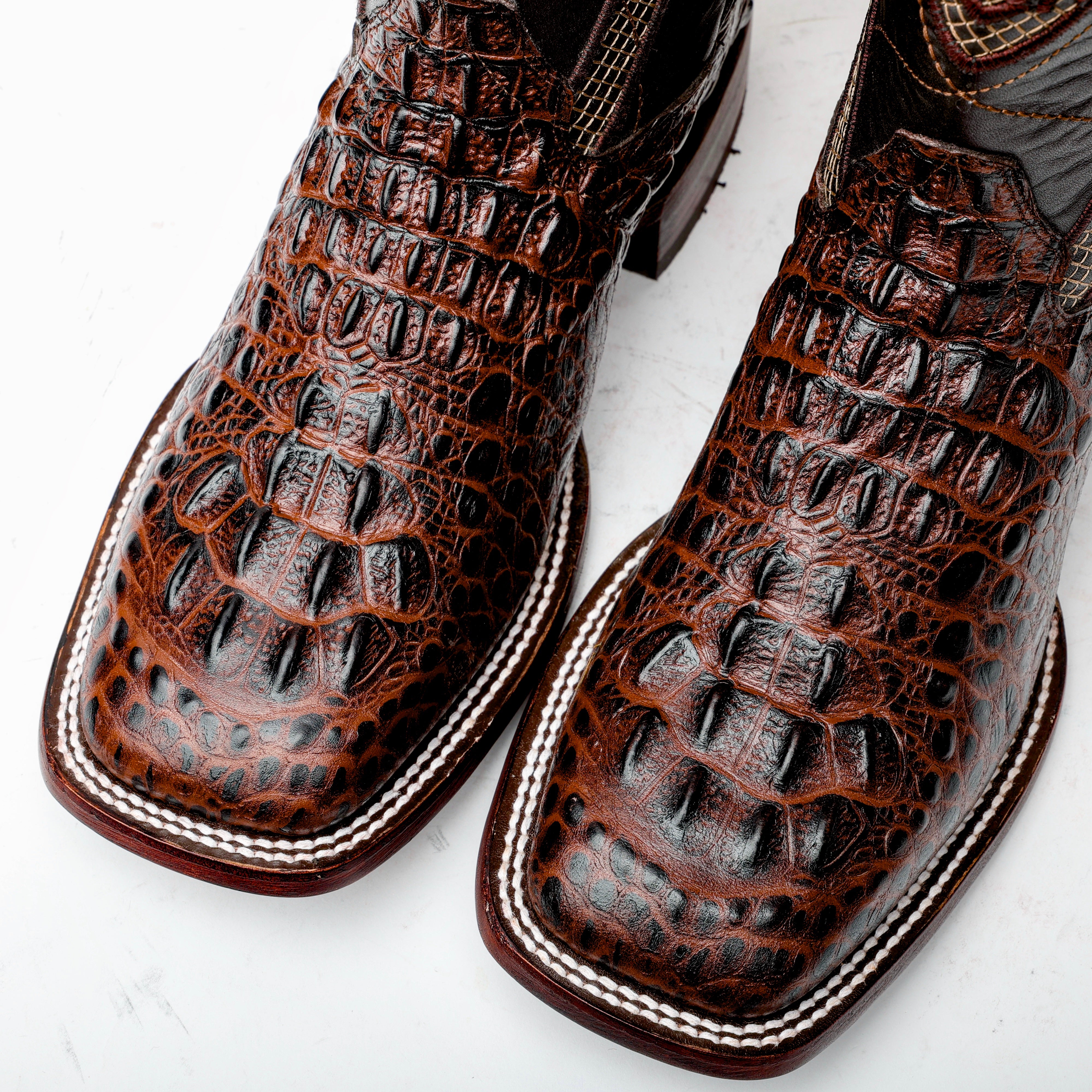 Brown Caiman Neck Leather Boots - Square Toe