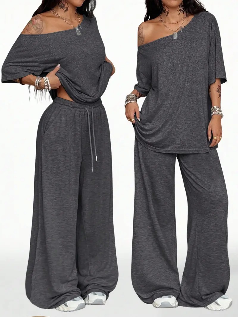 Women's Casual Solid Color Two-Piece Set – Slant Neck Wide Leg Pant Suit
