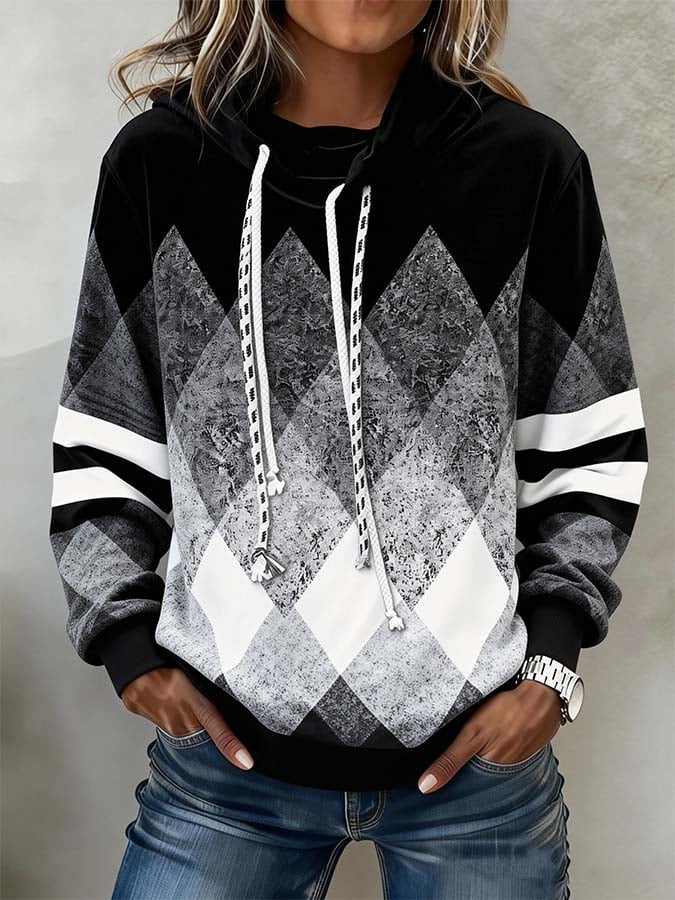 Women'S Casual Color-Block Printed Patchwork Pullover Sweatshirt