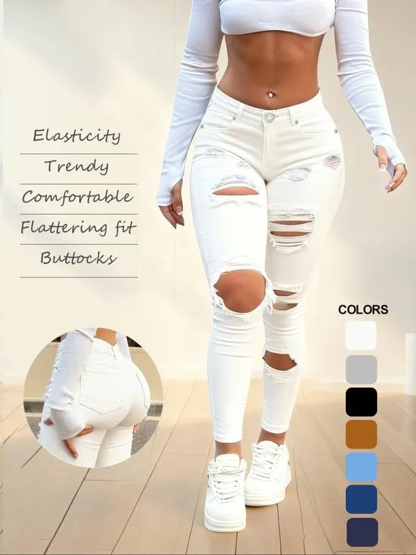 Women's High Waist Ripped Skinny Jeans with Butt Lifting Design, Elastic Denim for Valentine's Day Fashion