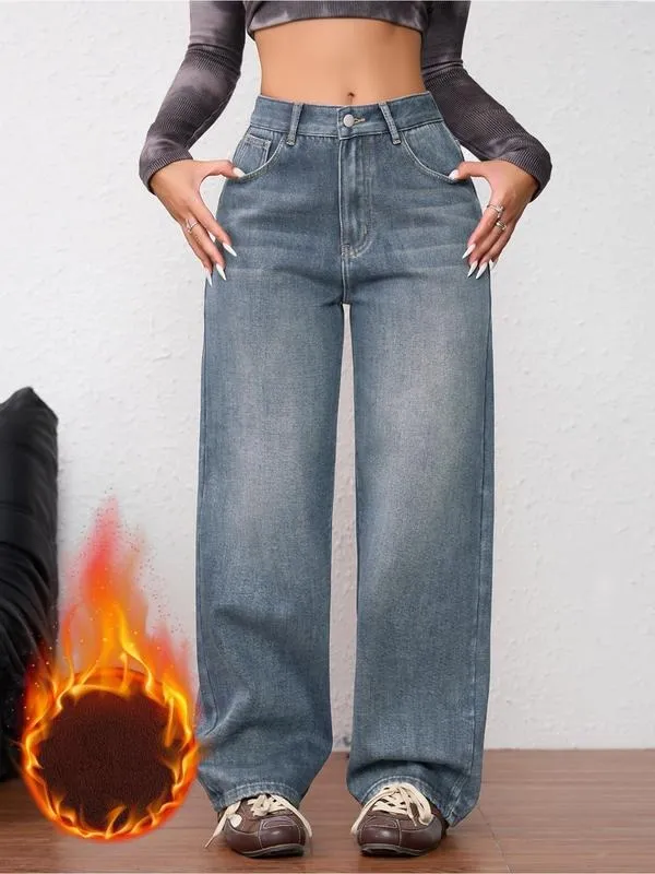 Women's Vintage Fleece-Lined Thickened Fall Winter Wide Leg Jeans