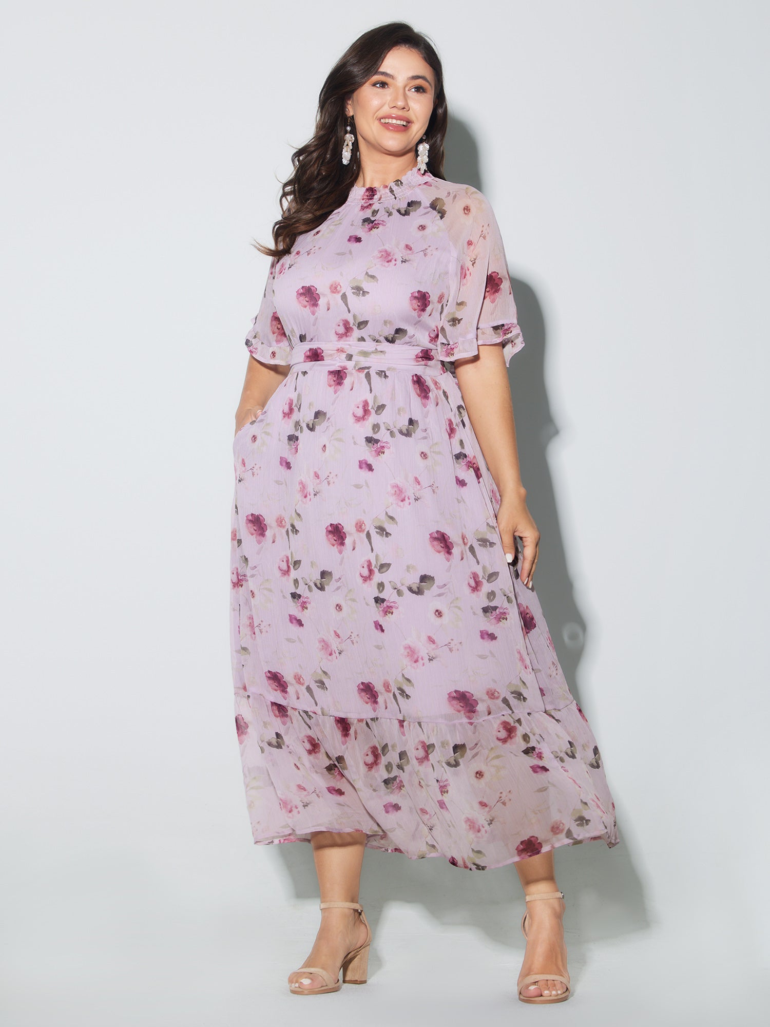 Floral Print Pockets Shirred Mock Neck Maxi Dress