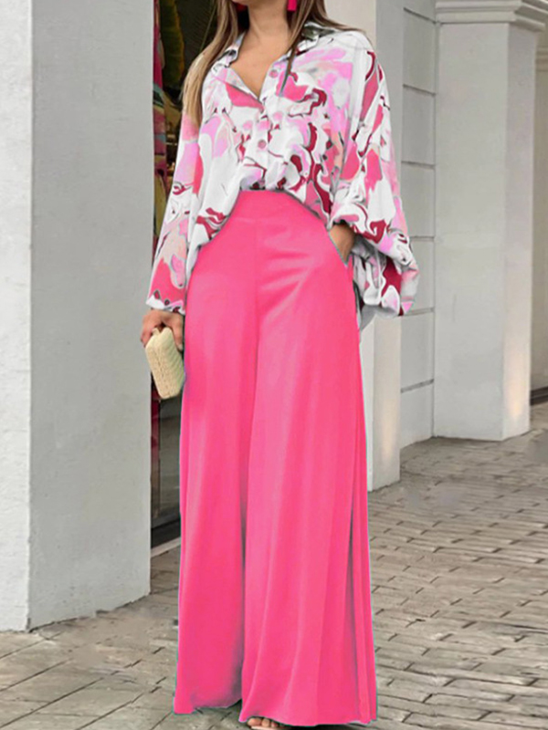 Loose Long Sleeves Floral Printed Blouses + High-Waisted Solid CoLor Wide Leg Pants Trousers Two Pieces Set