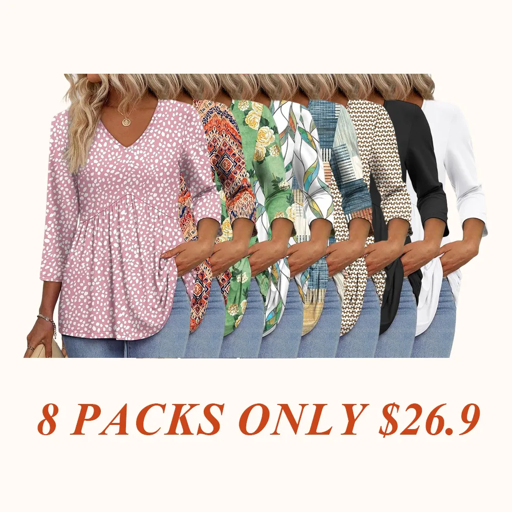 3/4 Length Sleeve Womens Tops 2025 Blouses for Women Dressy Casual Fashion Clothing V Neck Babydoll Tops Fall Outfits