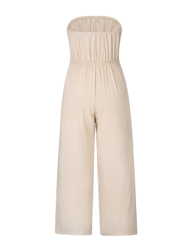 Original Cold Shoulder Tied Solid Color Straight Leg Jumpsuits