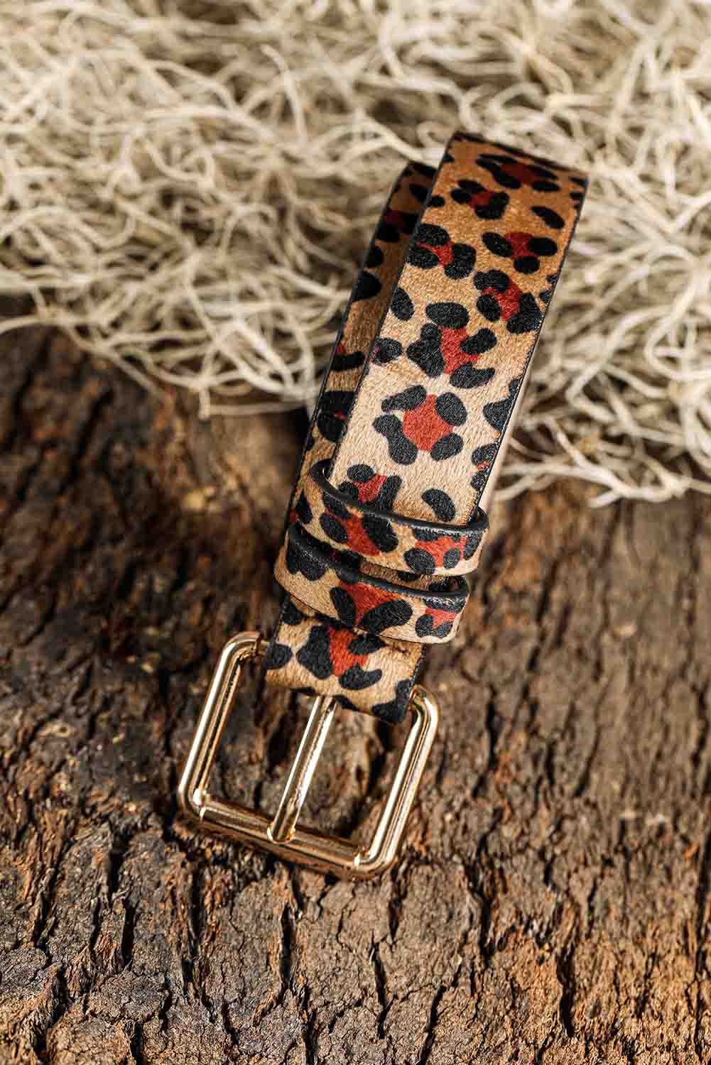 Camel Western Leopard Print PU Leather Wide Waist Belt