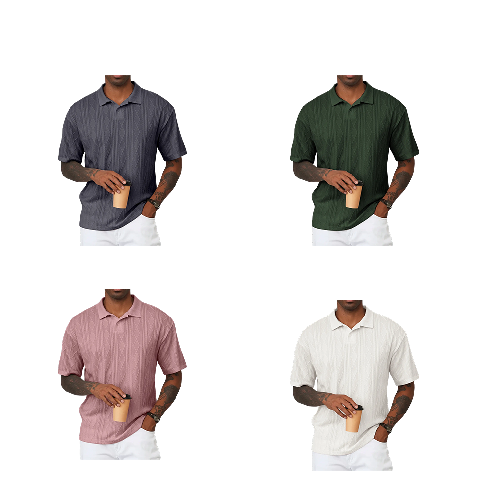 Men Casual Polo Shirt Short Sleeve Textured Beach Button Knit Stretchy Classic Shirts