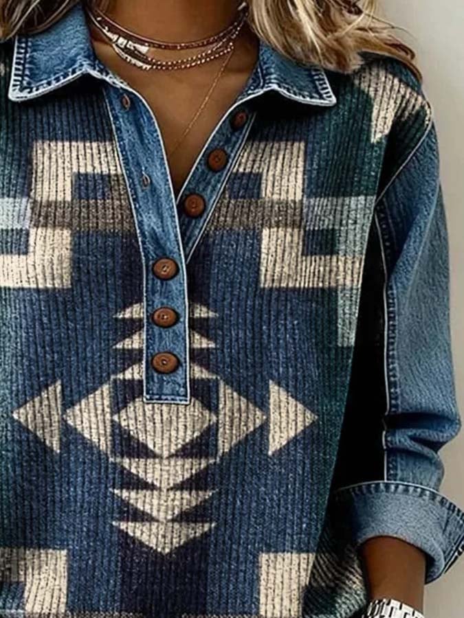 Women'S Casual Color-Block Printed Patchwork Pullover Sweatshirt