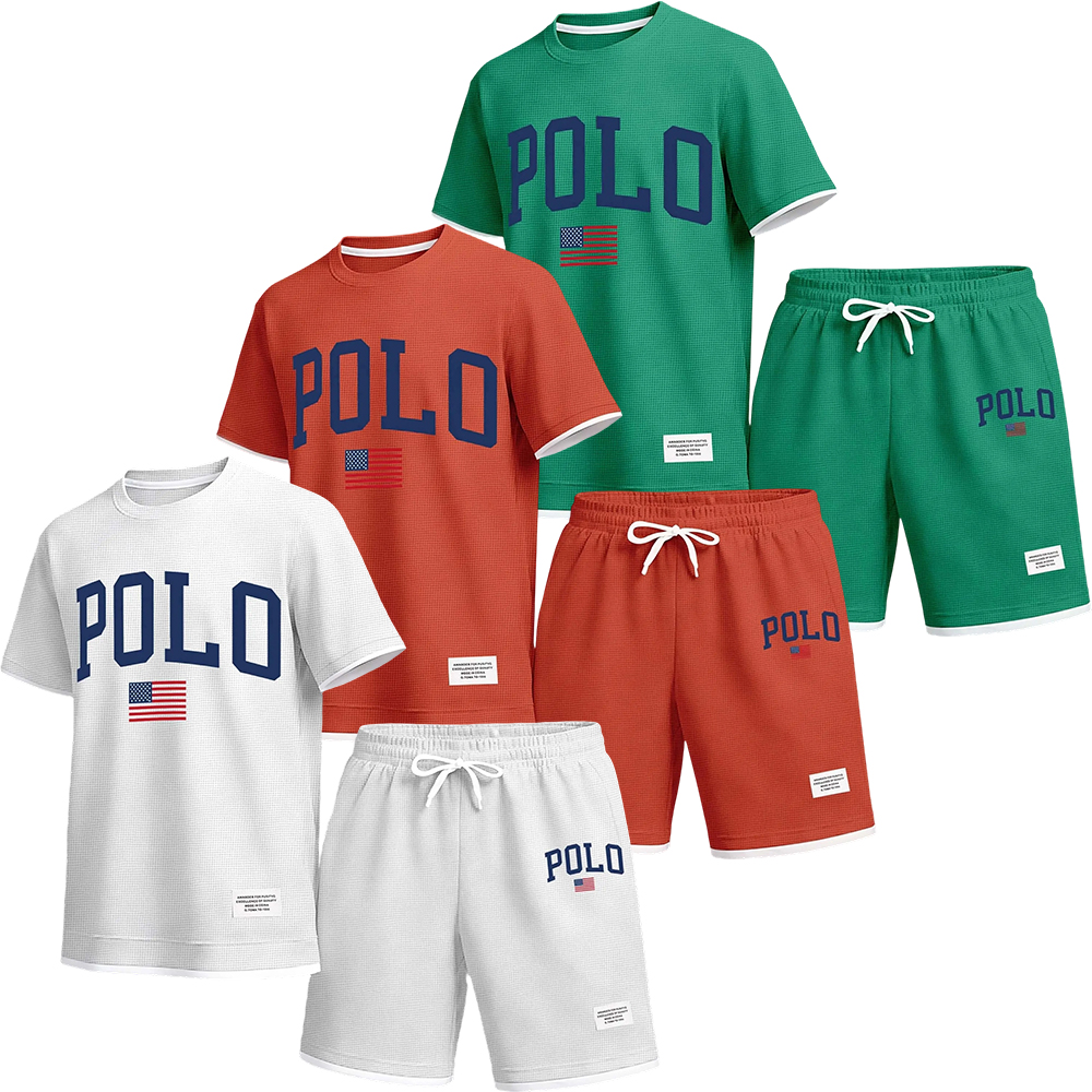 Men's Polo Print Drawstring Shorts Set For Spring/Summer