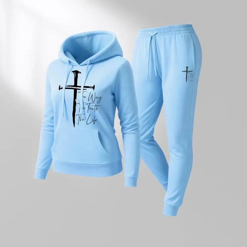 Women's Jesus on the Cross Print Hoodie And Drawstring Track Pants Set