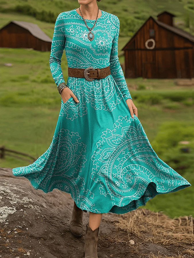 Women's Vintage Western Print Long Sleeve Dress