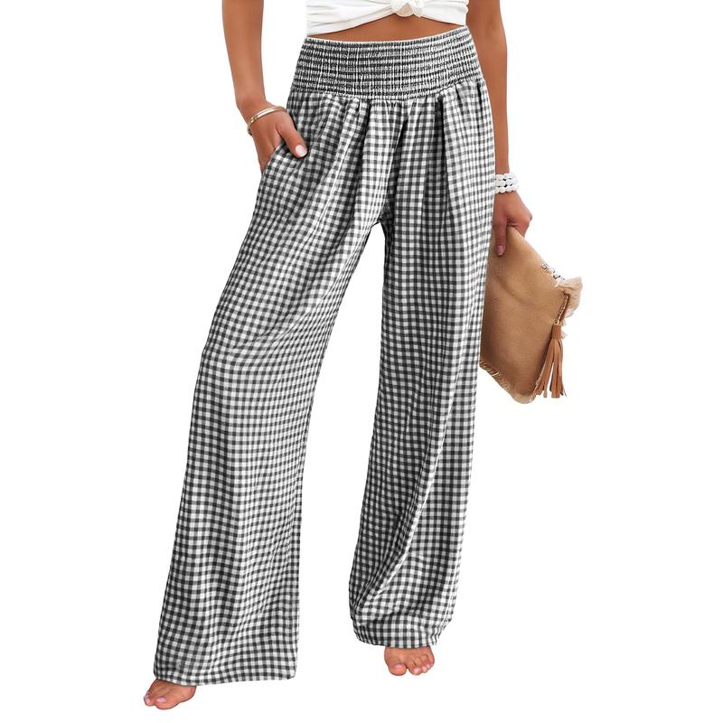 Women’s Gingham High-Waist Palazzo Lounge Pants with Pockets