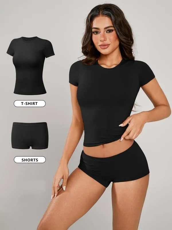Women's Solid Crop Tee & Boxer Shorts Loungewear