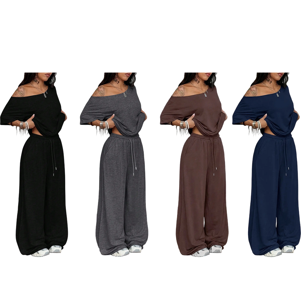Women's Minimalist Basic Daily Wear Casual Going Out Sport Comfortable Off Shoulder T-Shirt And Wide Leg Pants Two Pieces Outfits