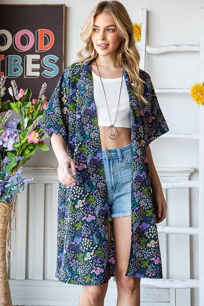 Full Size Half Sleeve Floral Open Cardigan Plus Size