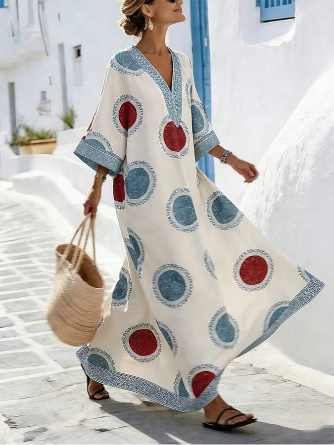 Women's Casual V-neck Loose Printed Vacation Dress- Fast Shipping
