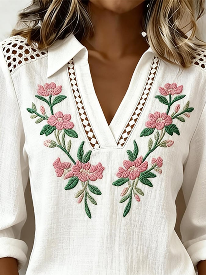 Women's Casual Collared Hollow-Out Printed Cotton Linen Top- Fast Shipping