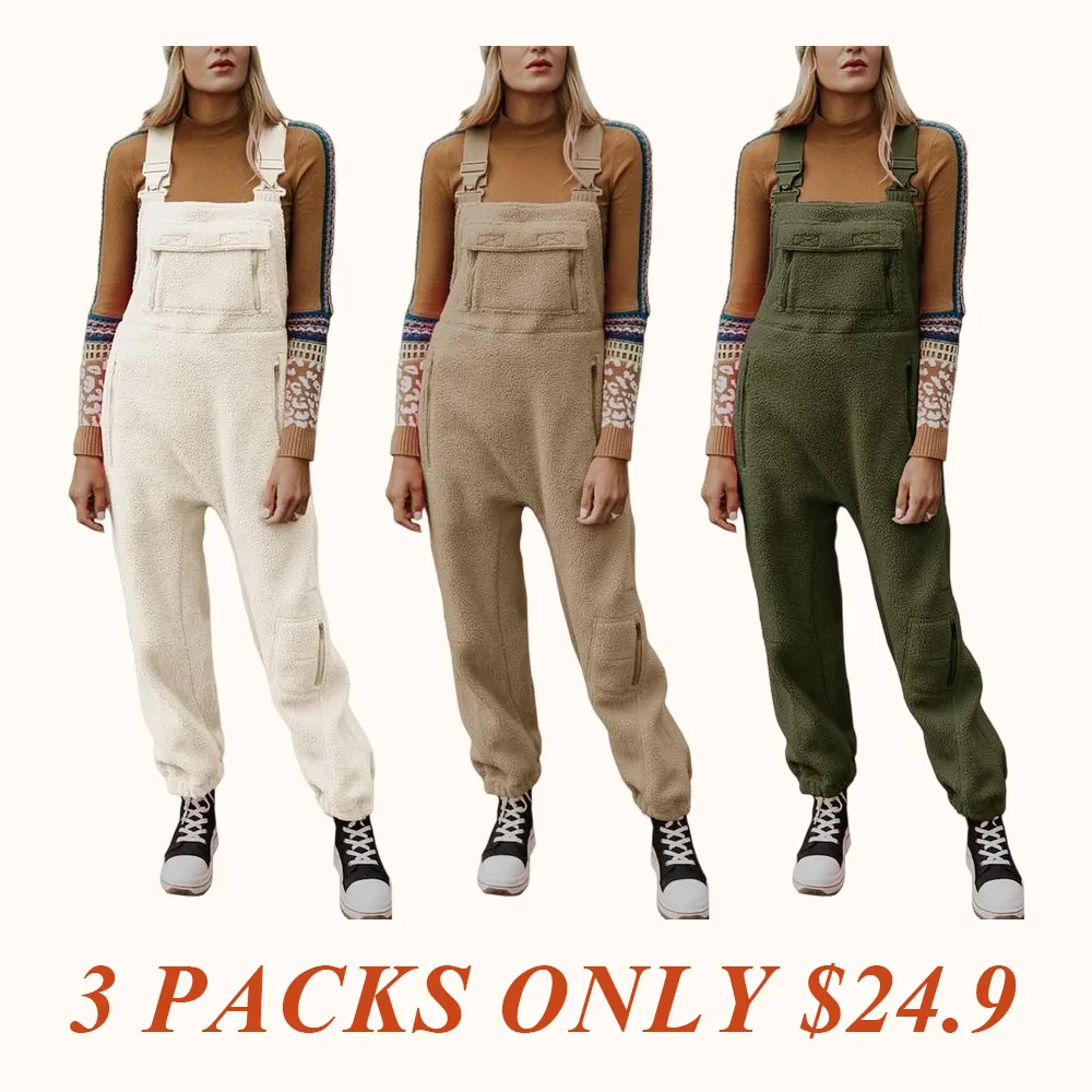 Women's Fleece Warm Overalls Winter Loose Casual Jumpsuits with Pockets