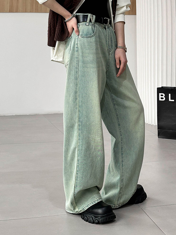 No Belt Pockets High Waisted Loose Jean Pants Bottoms