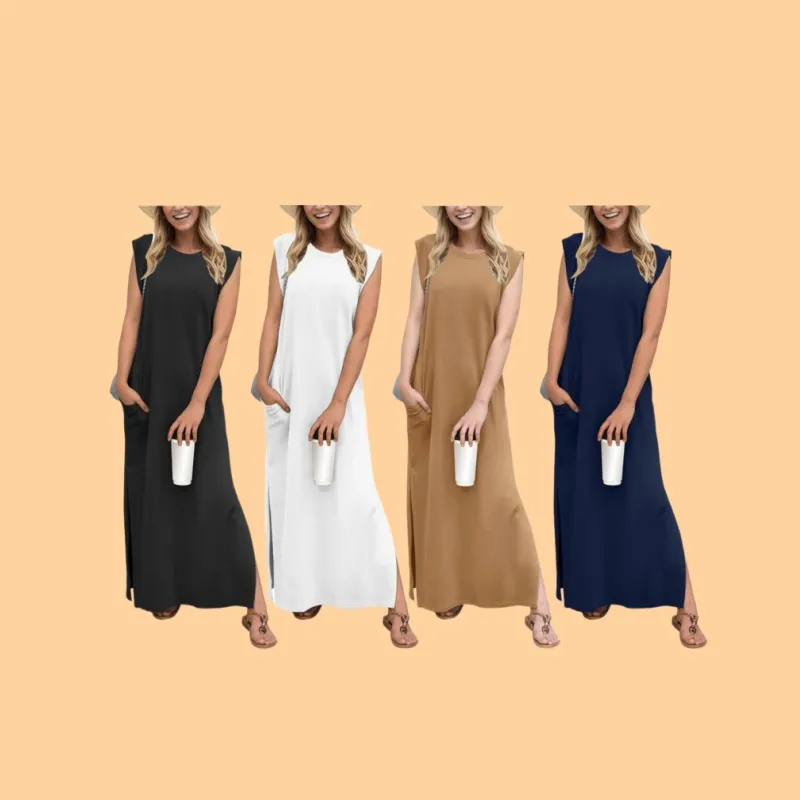 Women Loose Split Wrinkle-Free Long Dress with Pockets