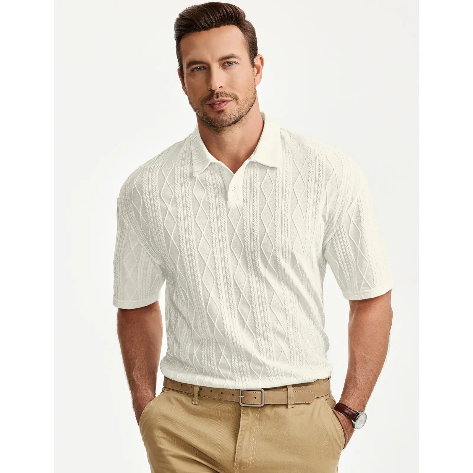 Men Casual Polo Shirt Short Sleeve Textured Beach Button Knit Stretchy Classic Shirts