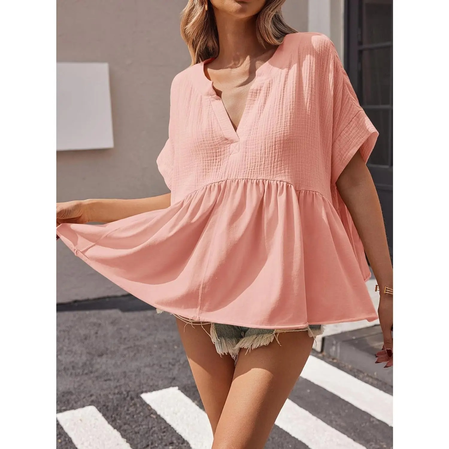 Womens Summer Babydoll Tops V Neck Short Sleeve Pleated Flowy Shirts Casual Loose Fit Peplum Blouse