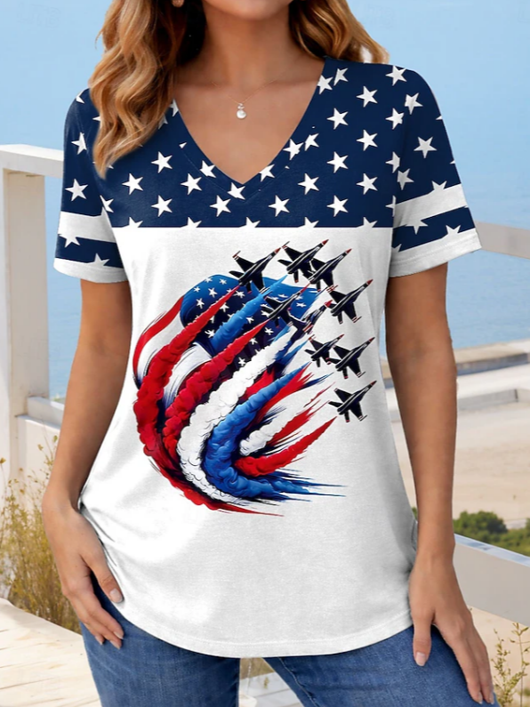 Women's Short Sleeve T-shirt Summer White America Flag Printing V Neck Holiday Going Out Vintage Top