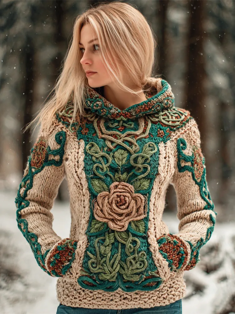 Vintage Viking Floral Art Women's Hooded Sweater
