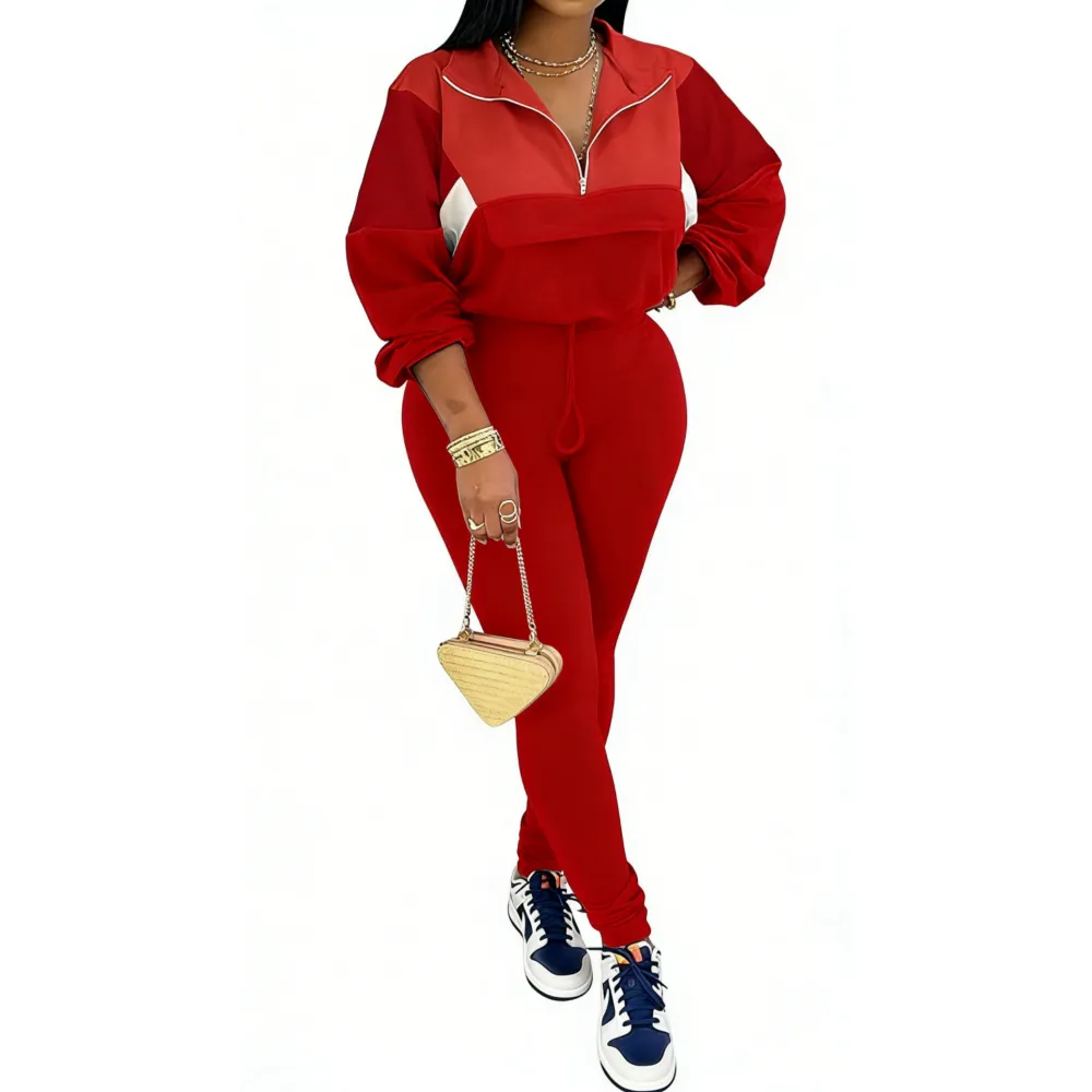 Women's Colorblock 2-Piece Knit Zip Jacket Elastic Waist Tracksuit