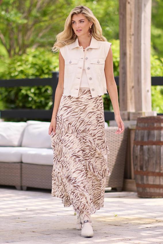 Zebra Stripe Ruffle Mesh Maxi Skirt