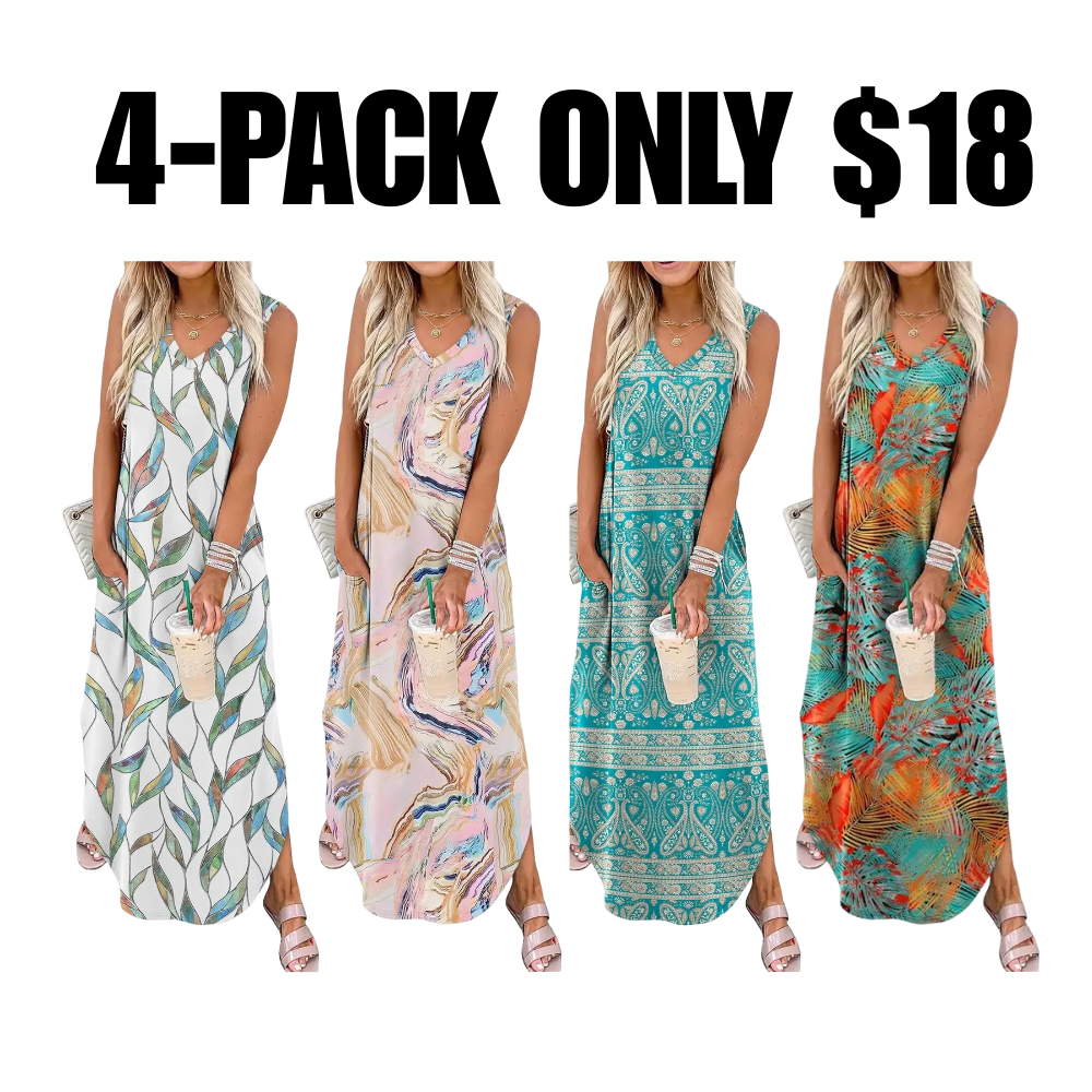Casual Floral Dresses Maxi Dress Vacation Beach Sundresses  with Pockets