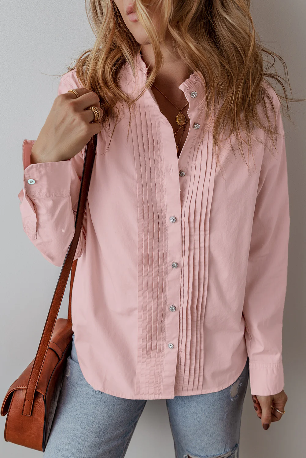 Light Pleated Button-Up Loose Fit Casual Shirt
