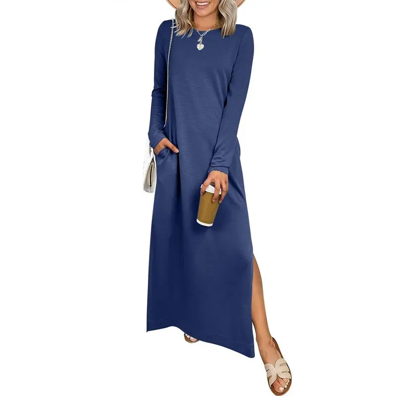 Women Long Sleeve Dresses 2026 Fall Casual Crewneck Loose Fit Split Flowy Wrinkle-Free Travel Vacation Maxi Dress