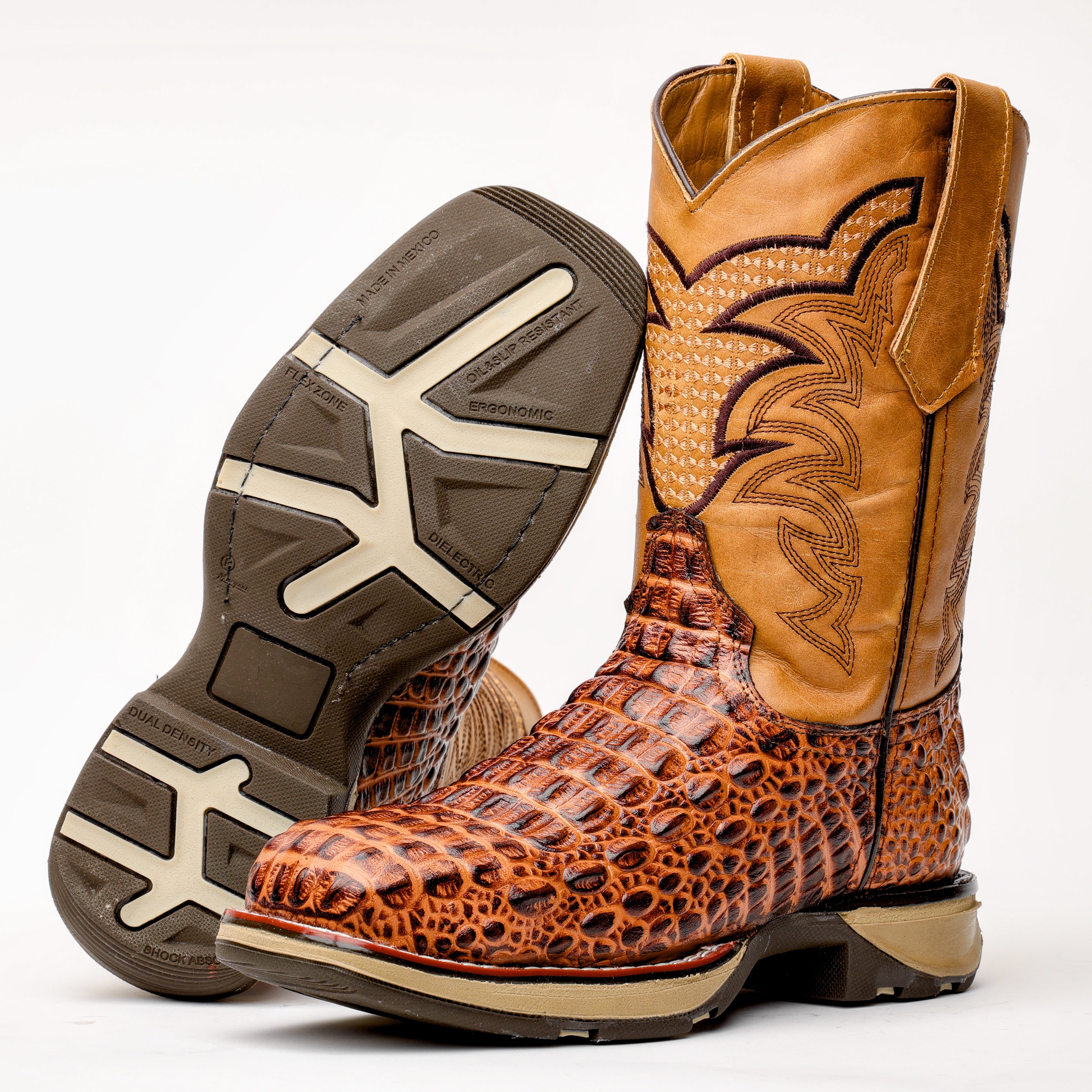Tan Caiman Hornback Leather Boots With 3D Lightweight Sole - Composite Toe