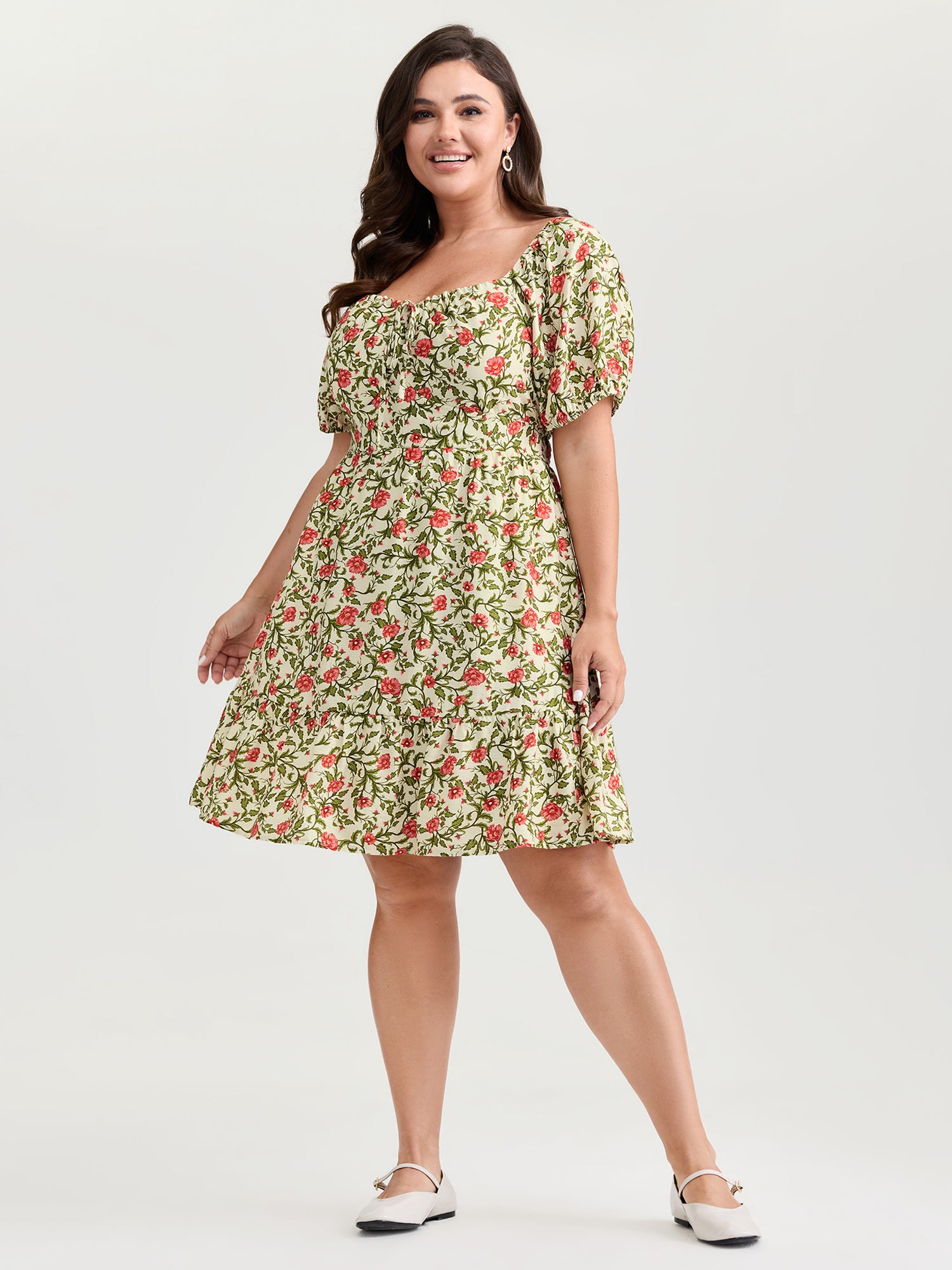 Charming Floral Print Drawstring Neckline Mini Dress