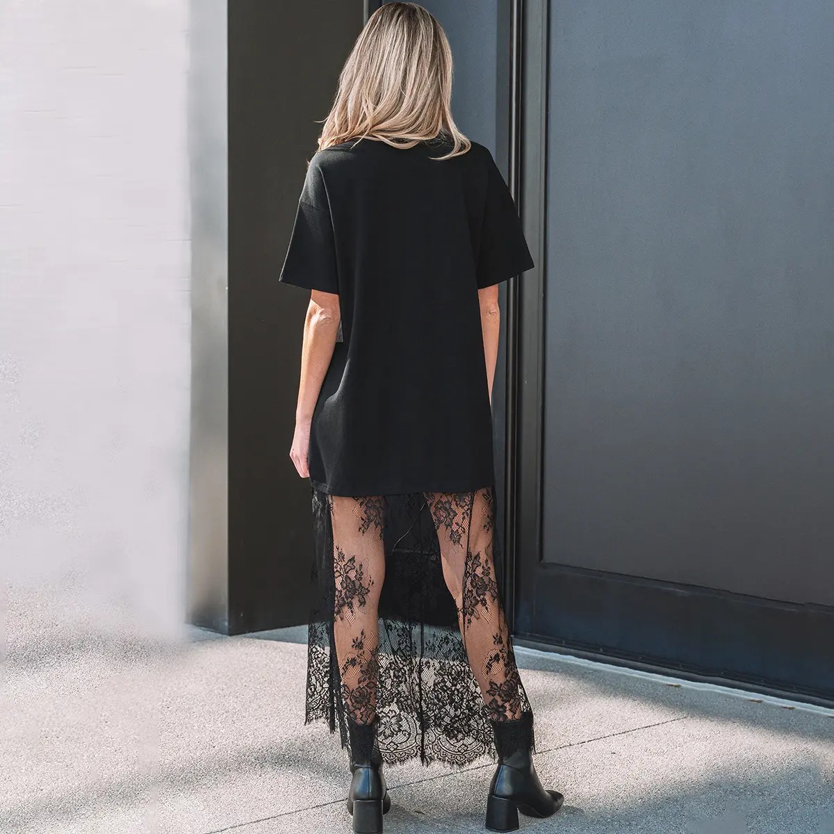 Women’s Oversized T-Shirt Maxi Dress with Sheer Lace Hem