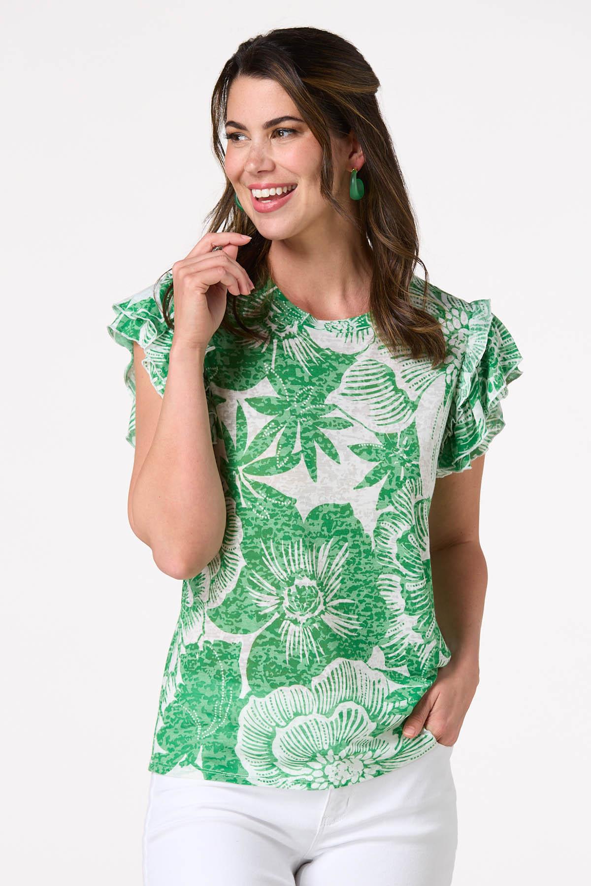 Green Floral Burnout Top