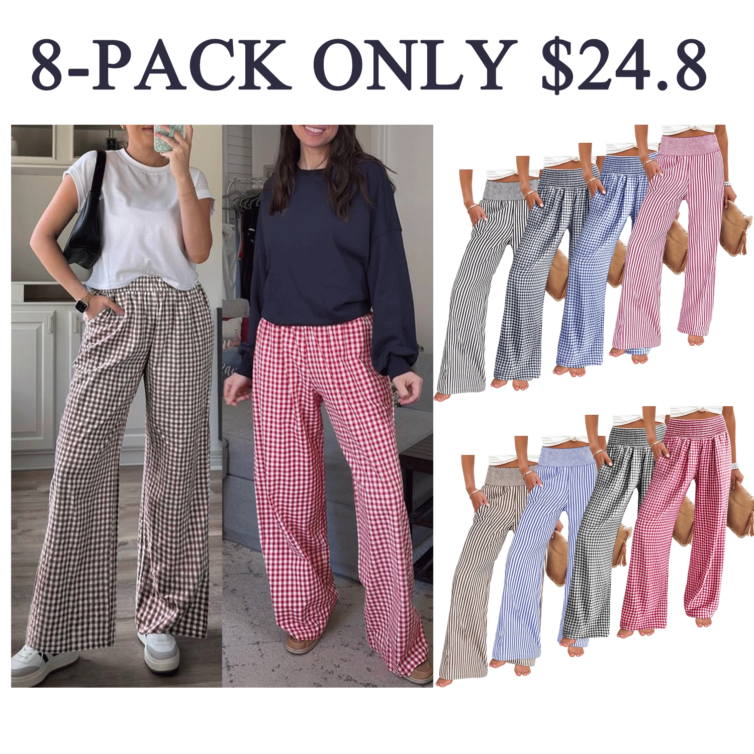 Women’s Gingham High-Waist Palazzo Lounge Pants with Pockets