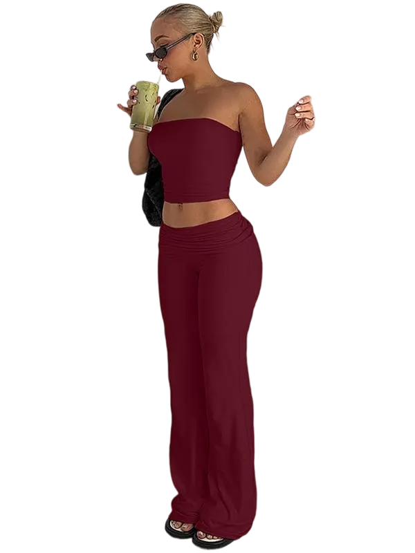 Two-Piece Set Women's Solid Crop Tube Top & Foldover Waist Flare Leg Pants