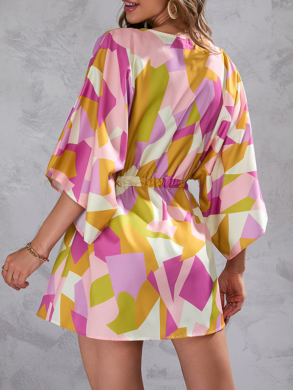 Buttoned Drawstring Printed A-Line Half Sleeves V-Neck Mini Dresses
