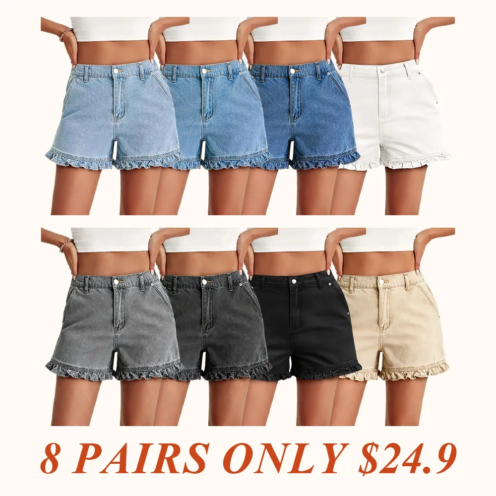 Womens Summer Ruffle Denim Shorts Cute High Waisted Cotton Short Jeans with Pockets