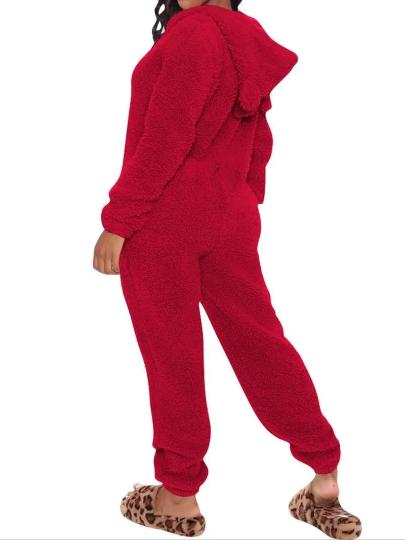 Women's Solid Zipper Hooded Plush Pajama Jumpsuit