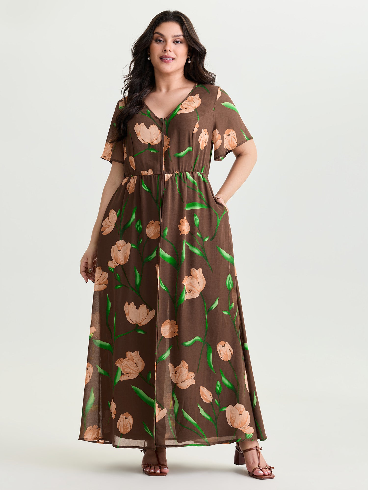 Hidden Zipper Floral Layered Pockets Jumpsuit