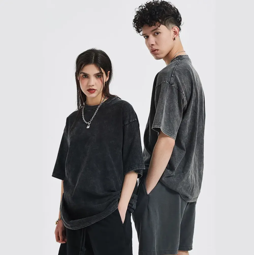 Men's plus-size retro heavyweight fitness T-shirt, pure cotton sports acid washed loose T-shirt