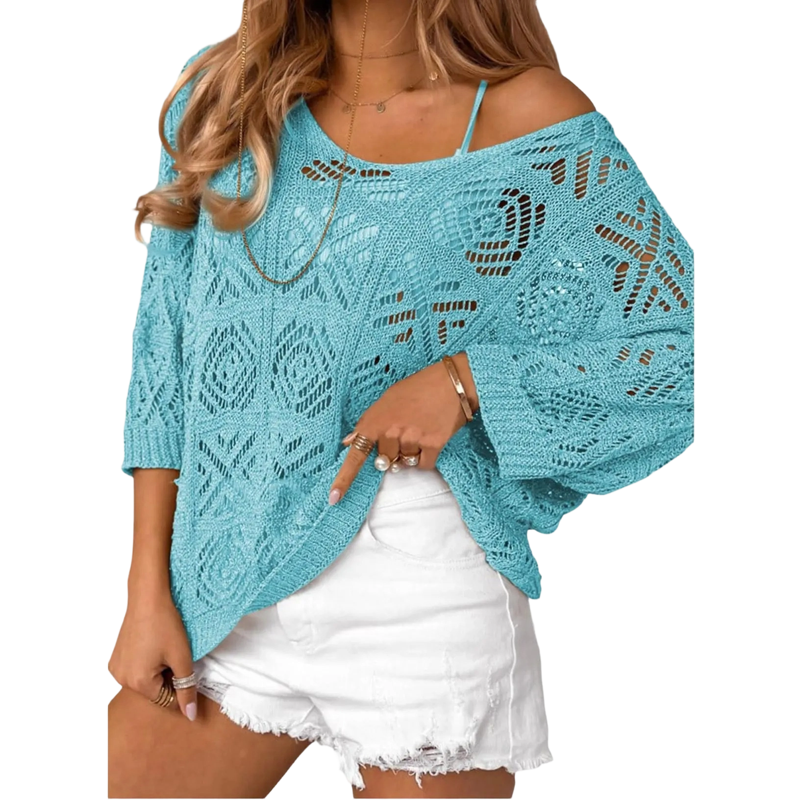 ✨ Women’s Crochet Hollow-Out Off-Shoulder Top – Lightweight 3/4 Sleeve Summer Sweater